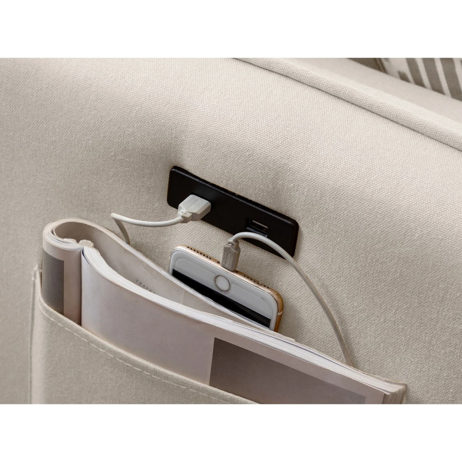 Ranon 70 Inch Sectional Chaise Sofa, USB Charging Port, Side Pocket, Beige-Benzara 6 Ranon 70 Inch Sectional Chaise Sofa, USB Charging Port, Side Pocket, Beige-Benzara - Image 4