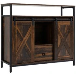 Industrial Sideboard, Buffet Cabinet With Sliding Barn Doors, Storage Cabinets, Stemware Racks, Drawer For Kitchen, Home Bar, Rustic Brown