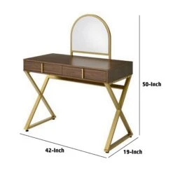 50 Inch Classic Arched Mirror Vanity Desk, Wood, X Metal Frame, Brown, Gold-Benzara -Home Furniture Shop 7e6d4e521fbd4679a3c51f3373e674b0