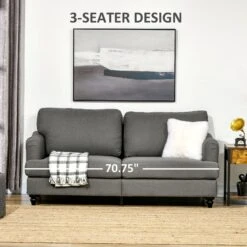 Grey 3-Seater Sofa Couch, 71" Modern Linen Fabric Sofa With Rubber Wood Legs And Slatted Frame -Home Furniture Shop 7e960864e7b04415a5d9f23a67424d6a