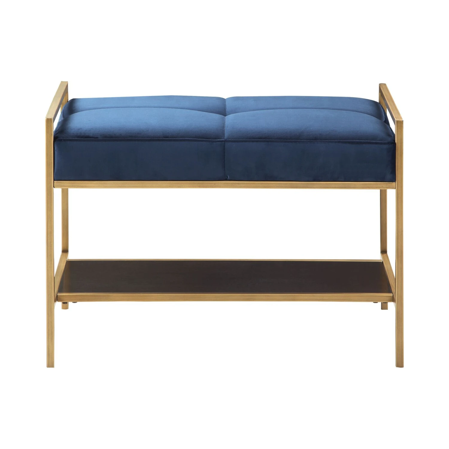 Metal Bench With Fabric Upholstered Plump Seats, Gold And Blue- Benzara 4 Metal Bench With Fabric Upholstered Plump Seats, Gold And Blue- Benzara - Image 2