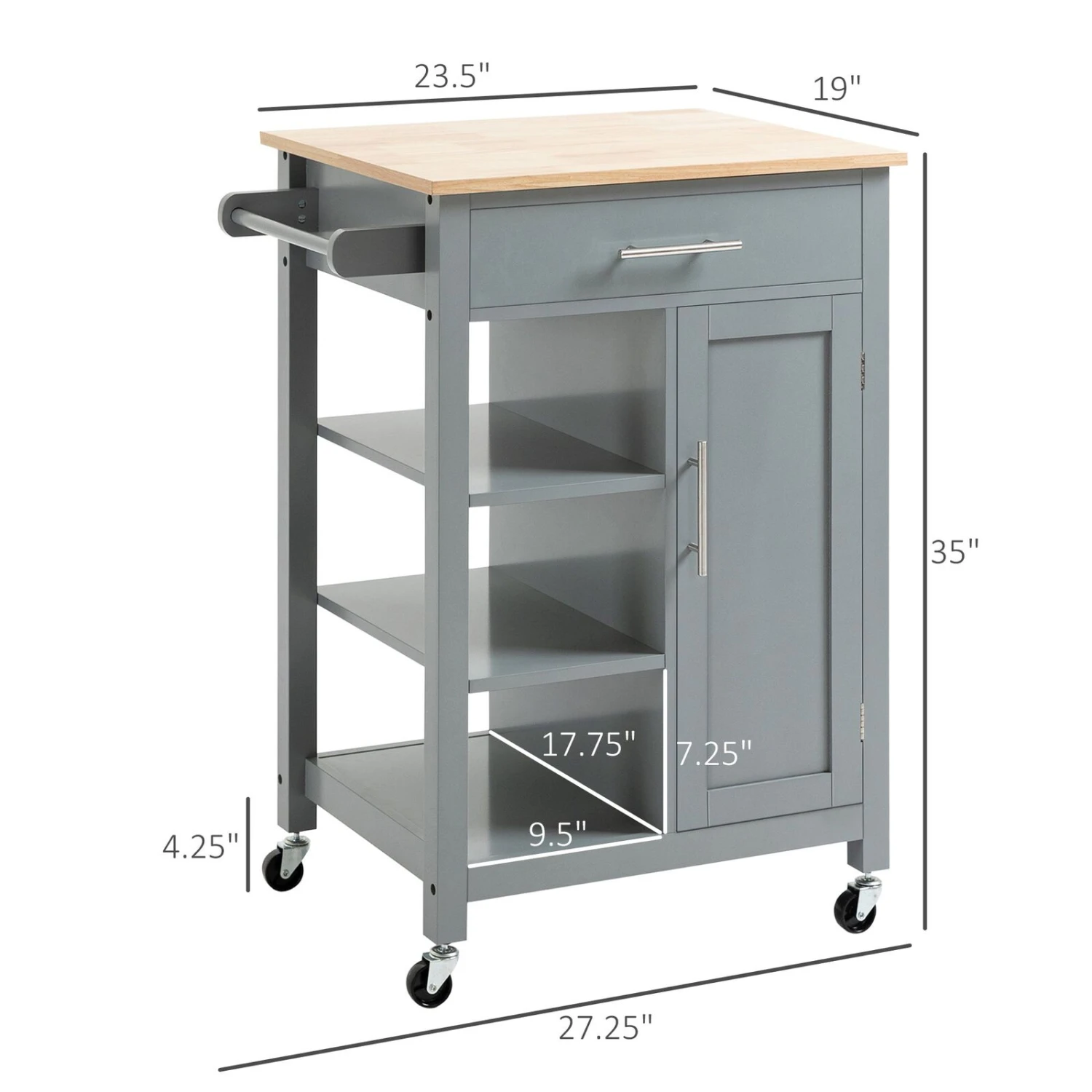 Grey Kitchen Cart, Rolling Kitchen Island Cart On Wheels, Rubber Wood Tabletop, Serving Utility Trolley Cart, Grey 5 Grey Kitchen Cart, Rolling Kitchen Island Cart On Wheels, Rubber Wood Tabletop, Serving Utility Trolley Cart, Grey - Image 3