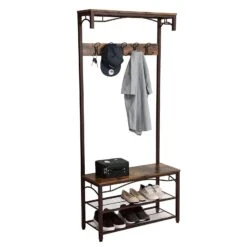 70 Inch Industrial Metal Framed Coat Rack, Wood Bench, Two Mesh Shelves, Rustic Brown, Black-Benzara 14 70 Inch Industrial Metal Framed Coat Rack, Wood Bench, Two Mesh Shelves, Rustic Brown, Black-Benzara -Home Furniture Shop 7f108a2d3bd04e9bbc001fc232d3323c