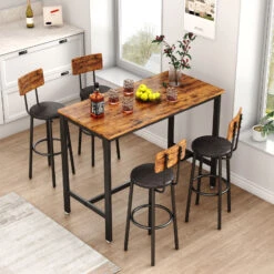 Bar Table Set With 4 Bar Stools PU Soft Seat With Backrest