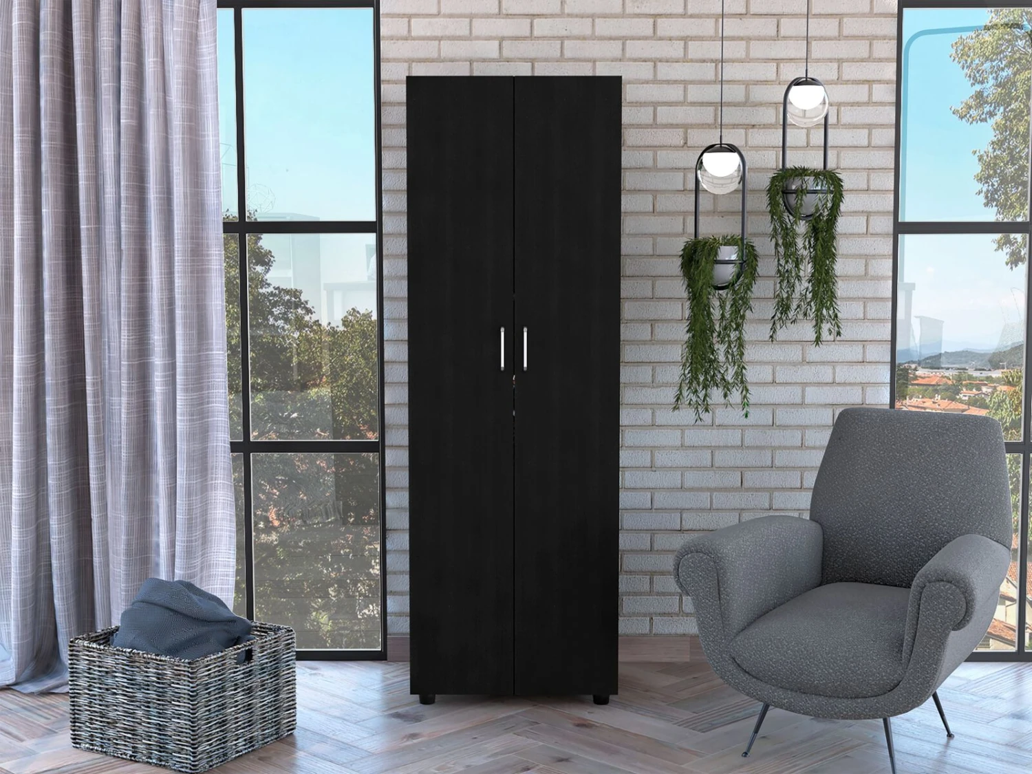 DEPOT E-SHOP London Armoire, Two Shelves, Rod, Double Door Cabinet Armoire, Black 4 DEPOT E-SHOP London Armoire, Two Shelves, Rod, Double Door Cabinet Armoire, Black - Image 2