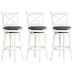 Traditional Bar Stool, 31 Inch Seat Height Barstool, Swivel PU Leather Upholstered Chair, With Cross Back And Rubberwood Frame, Set Of 3, Cream White