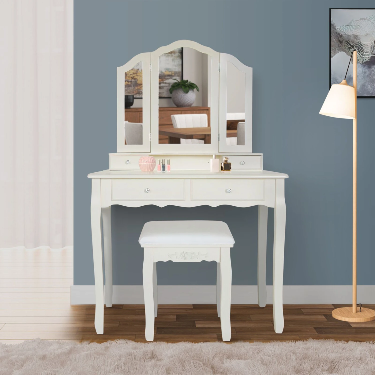 35 Inch 3 Piece Vanity Desk Set With Cushioned Stool And Elegant Trifold Mirror, 4 Drawers, Off White Solid Wood-Benzara 4 35 Inch 3 Piece Vanity Desk Set With Cushioned Stool And Elegant Trifold Mirror, 4 Drawers, Off White Solid Wood-Benzara - Image 2