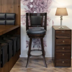 29 Inches Swivel Wooden Frame Counter Stool With Padded Back, Dark Brown-Benzara -Home Furniture Shop 81ab3f36b1ce418ca2c761823653e20b