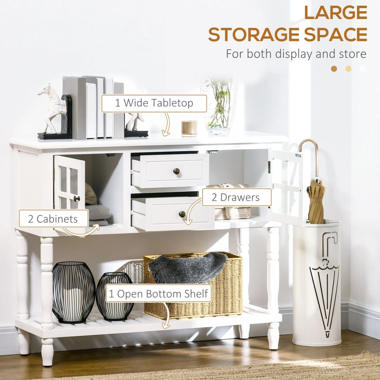 Vintage Console Table With 2 Drawers And Cabinets, Retro Sofa Table For Entryway, Living Room And Hallway, White 7 Vintage Console Table With 2 Drawers And Cabinets, Retro Sofa Table For Entryway, Living Room And Hallway, White - Image 5