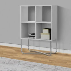 Multipurpose Storage Shelf With 4 Open Compartments, White And Chrome-Benzara
