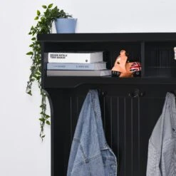 Hall Coat And Shoe Storage Hall Cabinet With Top And Bottom Storage Metal Double Hooks And Bench Black -Home Furniture Shop 8339ada62fca4fdabedcdf437d822f02