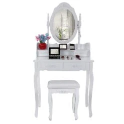 Ren 30 Inch 3 Piece Vanity Desk Set With Rotating Mirror And Matching Stool, 4 Drawers, Pure White Solid Wood-Benzara 16 Ren 30 Inch 3 Piece Vanity Desk Set With Rotating Mirror And Matching Stool, 4 Drawers, Pure White Solid Wood-Benzara -Home Furniture Shop 83715386aaed4f0b81f827a7f9610199