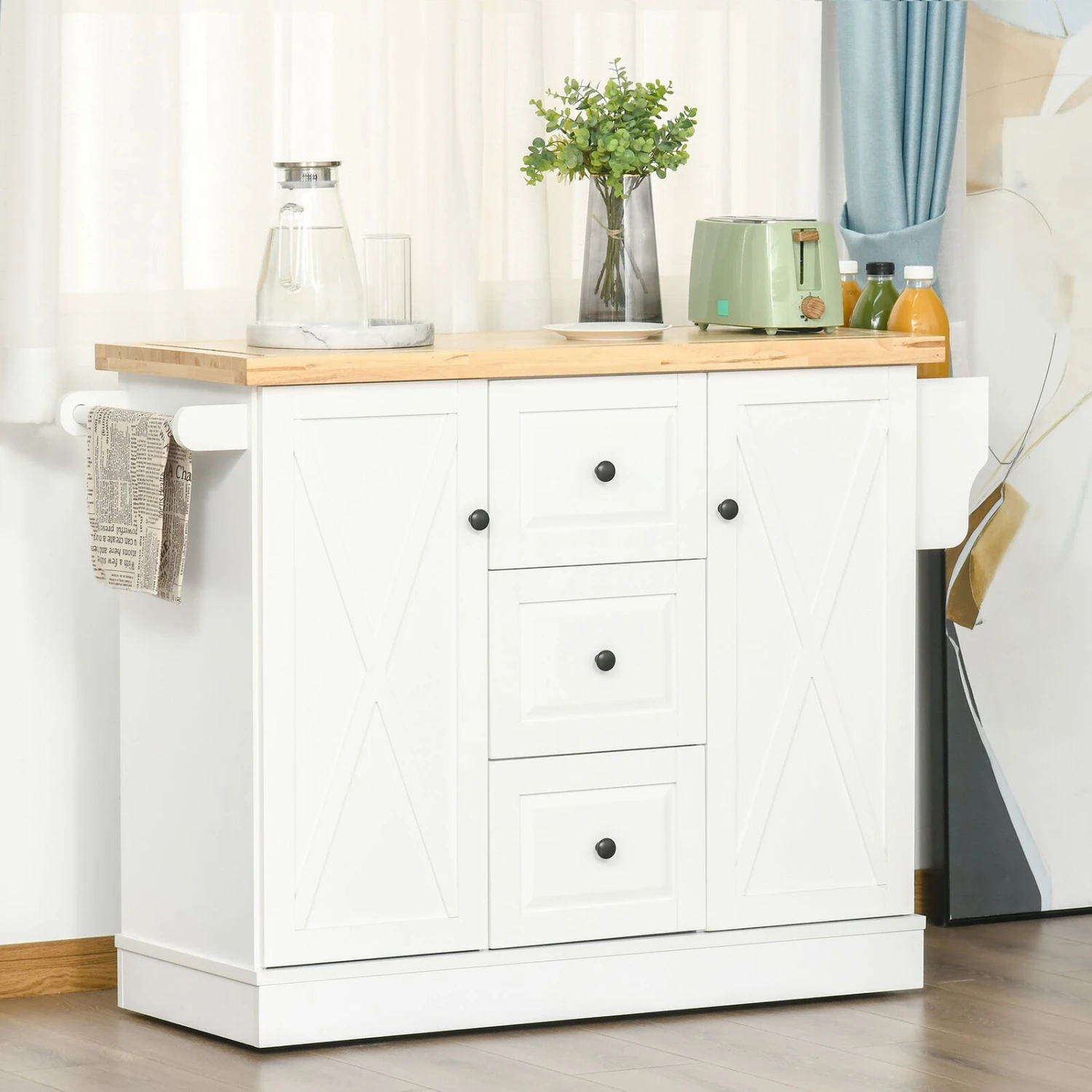 Kitchen Island, Kitchen Cart With Rubberwood Tabletop, Spice Rack For Dining Room, Kitchen Island Cart, White 4 Kitchen Island, Kitchen Cart With Rubberwood Tabletop, Spice Rack For Dining Room, Kitchen Island Cart, White - Image 2