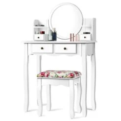 Makeup Vanity Table Set With 360° Pivoted Round Mirror