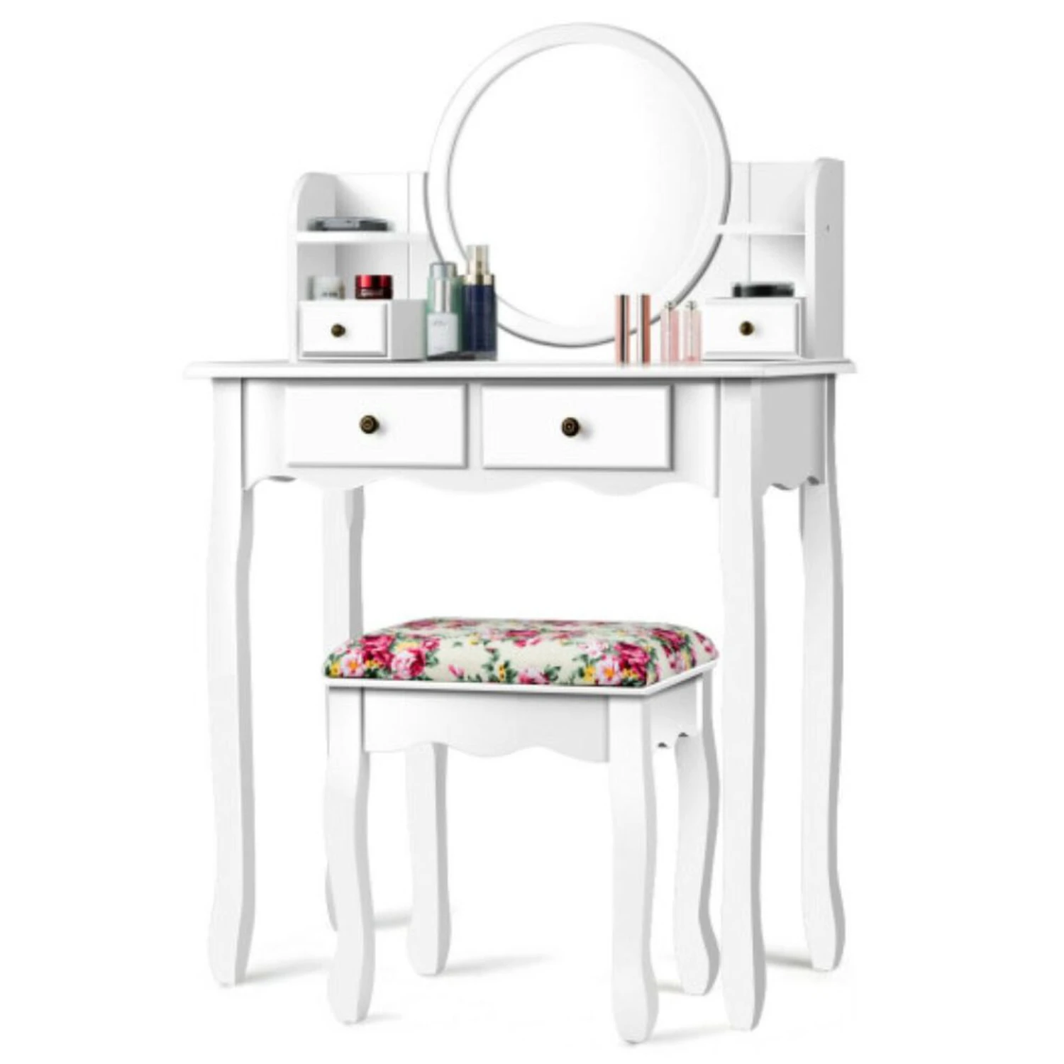Makeup Vanity Table Set With 360° Pivoted Round Mirror 3 Makeup Vanity Table Set With 360° Pivoted Round Mirror