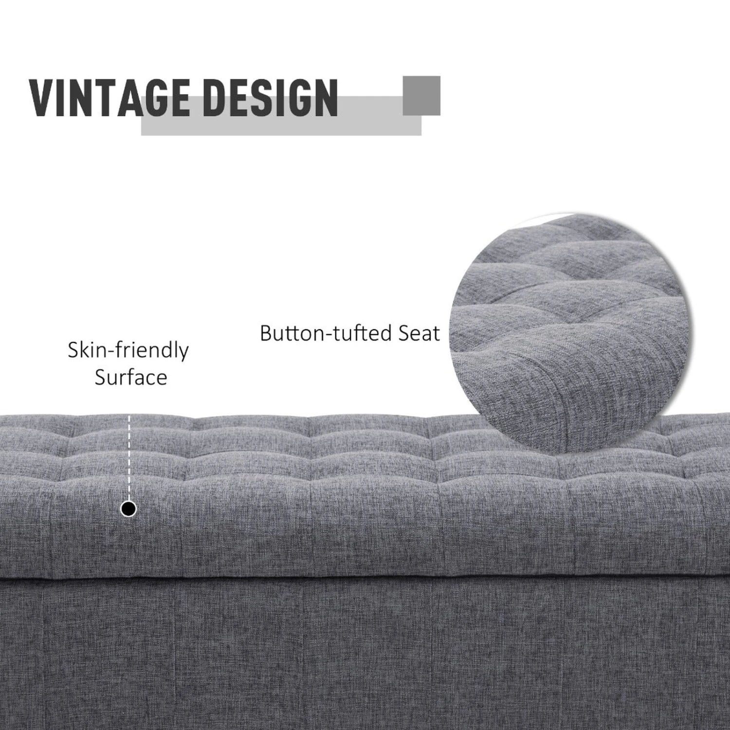 Large 42" Tufted Linen Fabric Ottoman Storage Bench With Soft Close Lid For Living Room, Entryway, Or Bedroom, Dark Heather Grey 8 Large 42" Tufted Linen Fabric Ottoman Storage Bench With Soft Close Lid For Living Room, Entryway, Or Bedroom, Dark Heather Grey - Image 6