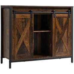 Industrial Sideboard, Buffet Cabinet With Sliding Barn Doors, Storage Cabinets And Adjustable Shelves For Living Room, Rustic Brown