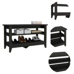 DEPOT E-SHOP Mason Storage Bench, Two Open Shelves, Black -Home Furniture Shop 8798468893ea46aaa211dca68492bf32