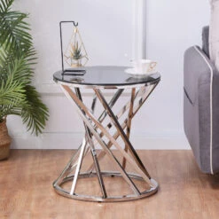 Set Of 1 Round Glass Top Side Table For Living Room- Black Grey Tempered Glass & Silver Stainless Steel Frame -Home Furniture Shop 87f028eb37ce4568b75298f884d2ef53