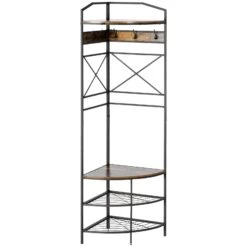 Industrial Corner Hall Tree With Shoe Bench, Entryway Coat Rack, Freestanding Coat Tree With 6 Double Hooks, Rustic Brown