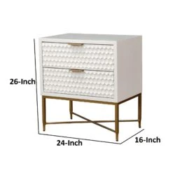 Rexi 26 Inch 2 Drawer Nightstand, Honeycomb, Mahogany Wood, White, Gold-Benzara 13 Rexi 26 Inch 2 Drawer Nightstand, Honeycomb, Mahogany Wood, White, Gold-Benzara -Home Furniture Shop 89986bc51f6246eab839c3bddc2e4600