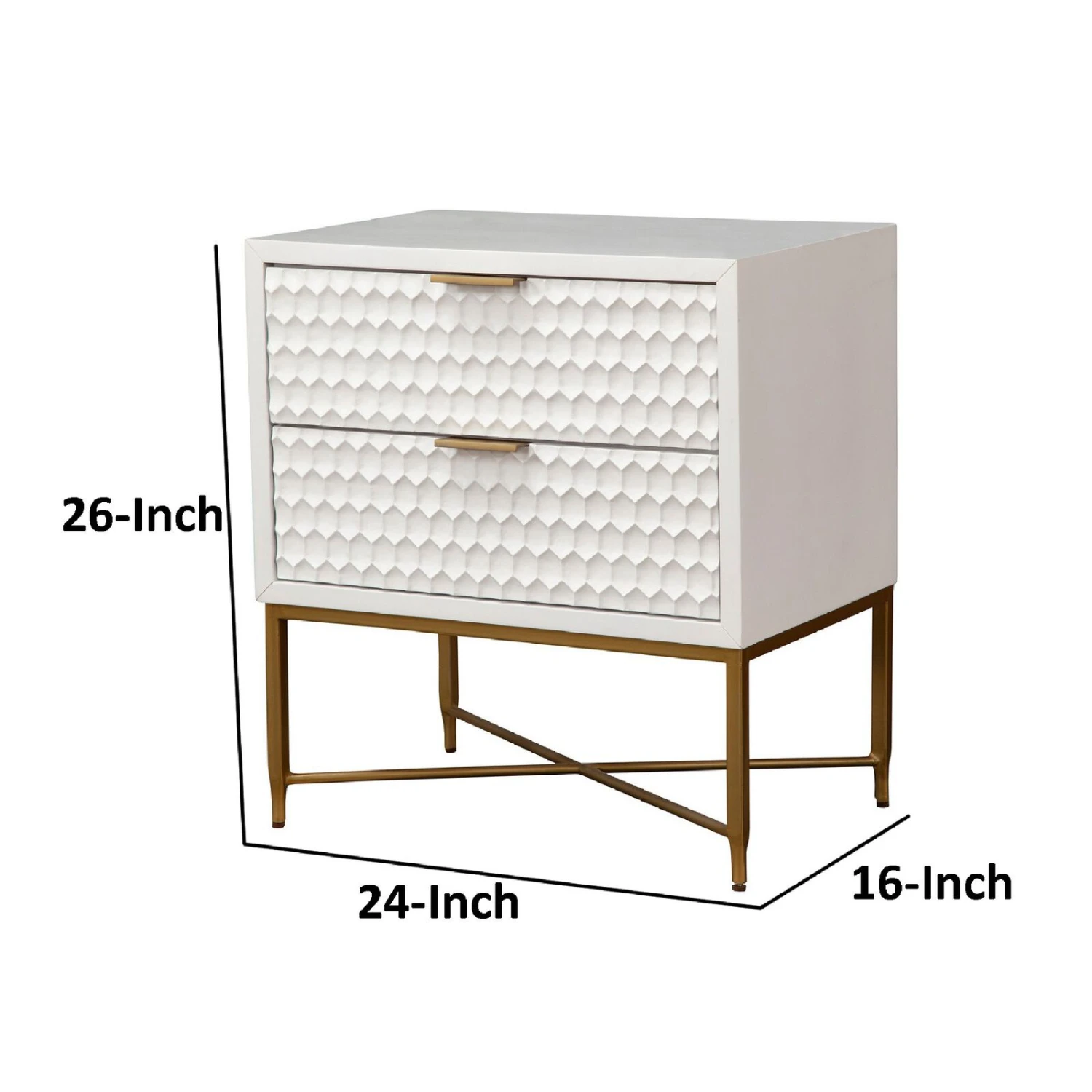 Rexi 26 Inch 2 Drawer Nightstand, Honeycomb, Mahogany Wood, White, Gold-Benzara 8 Rexi 26 Inch 2 Drawer Nightstand, Honeycomb, Mahogany Wood, White, Gold-Benzara - Image 6