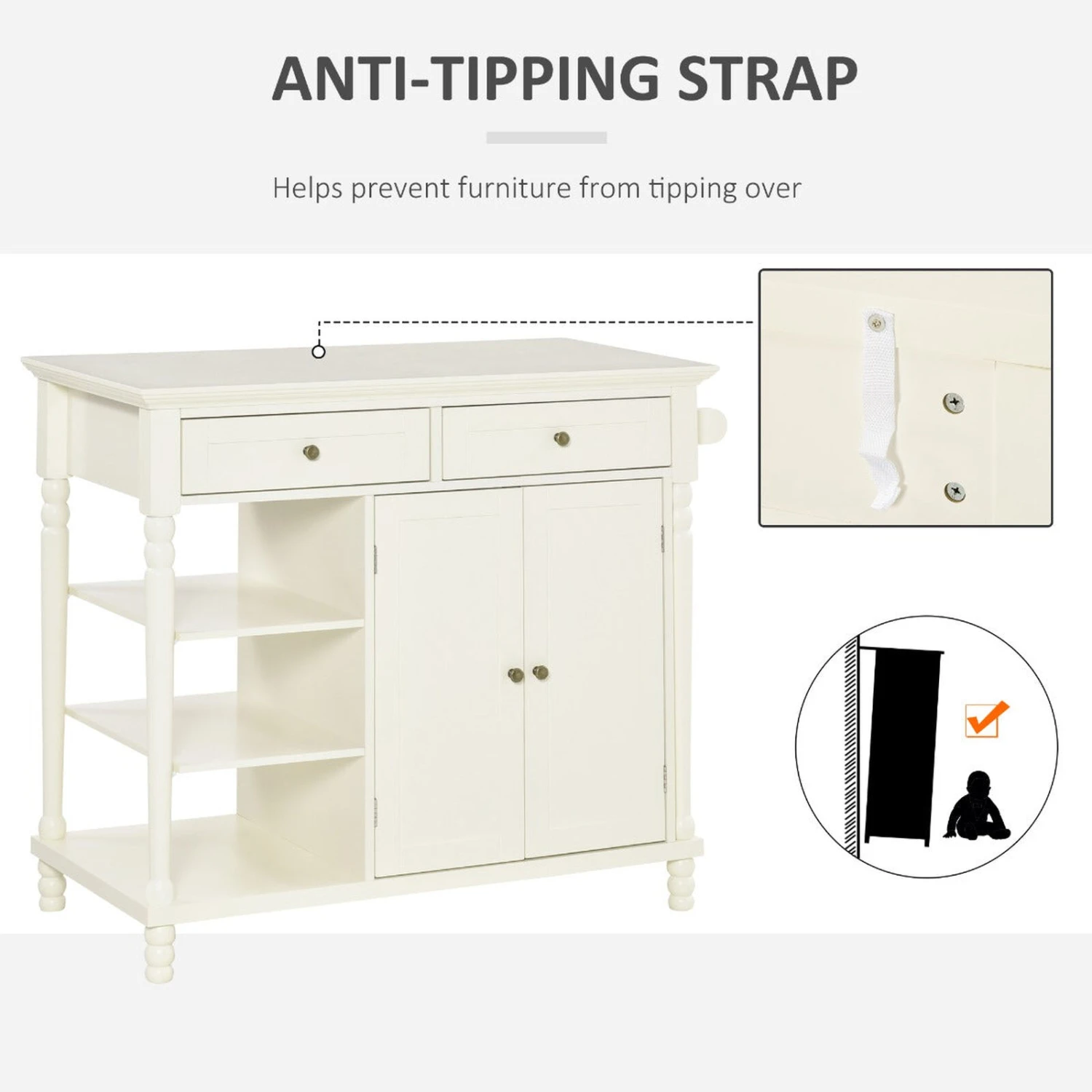 Kitchen Storage Island On Wheels, Rolling Kitchen Island Cart With 3-Tier Shelf, Cabinet With Adjustable Shelving And Towel Rack, White 8 Kitchen Storage Island On Wheels, Rolling Kitchen Island Cart With 3-Tier Shelf, Cabinet With Adjustable Shelving And Towel Rack, White - Image 6