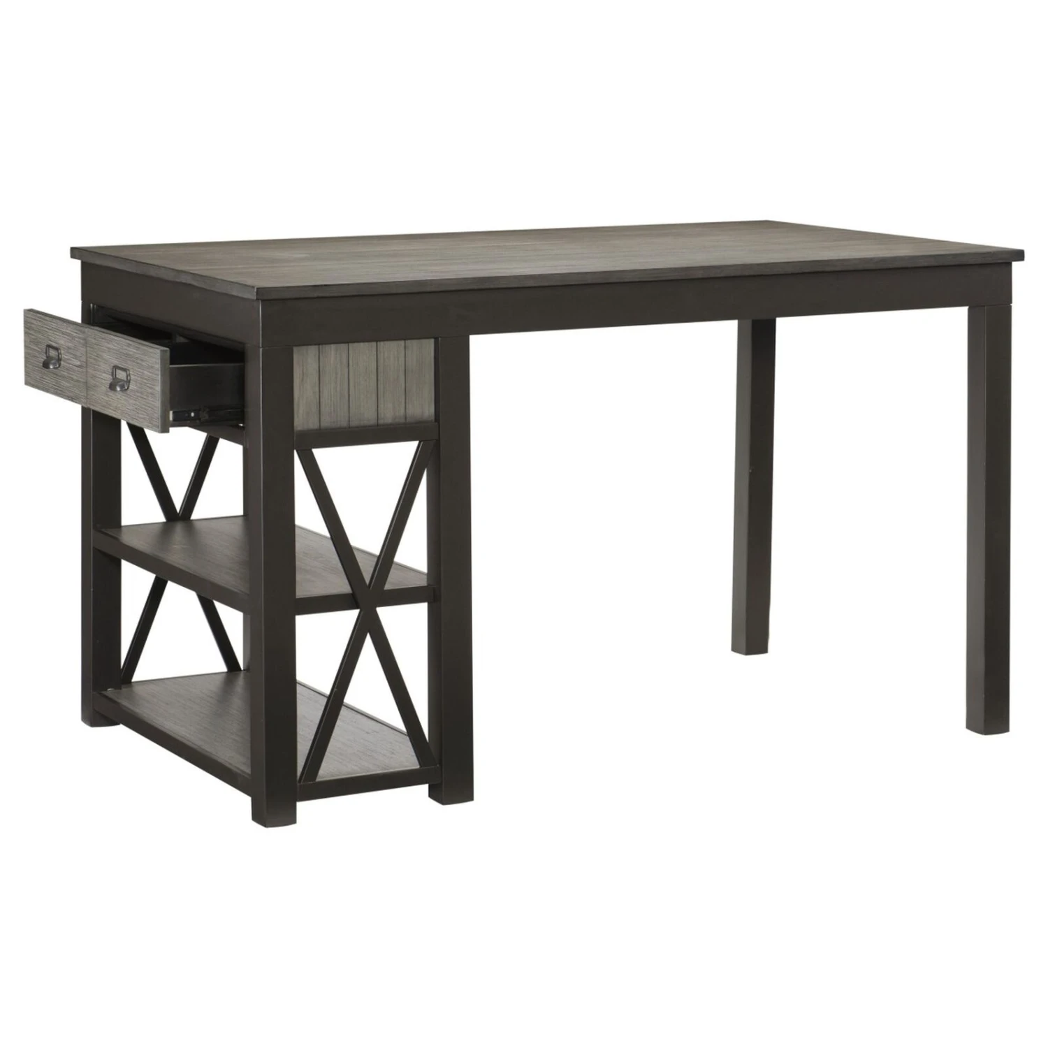 1pc Counter Height Table With Storage Drawers Display Shelves Gray Gunmetal Finish Casual Style Dining Furniture 4 1pc Counter Height Table With Storage Drawers Display Shelves Gray Gunmetal Finish Casual Style Dining Furniture - Image 2
