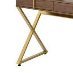 50 Inch Classic Arched Mirror Vanity Desk, Wood, X Metal Frame, Brown, Gold-Benzara -Home Furniture Shop 8bb9dce113294f60b70c718cdca2b916