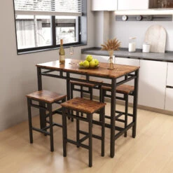 Bar Table Set 5PC Dinging Table Set With High Stools, Structural Strengthening, Industrial Style (Rustic Brown，43.31"w X 23.62"d X 35.43"h) -Home Furniture Shop 8c1f4e63b498472ea30ed407c1ae2e09
