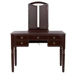 43 Inch 3 Piece Vanity Desk Set With Elegant Trifold Mirror And A Cushioned Stool, Espresso Brown Solid Wood-Benzara -Home Furniture Shop 8d9cb39c06b64a8c8ba1799cf89e6117