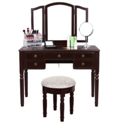 43 Inch 3 Piece Vanity Desk Set With Elegant Trifold Mirror And A Cushioned Stool, Espresso Brown Solid Wood-Benzara -Home Furniture Shop 8ded535ea705461a81ba3e8003f71604