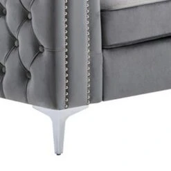 Joni 86 Inch Sofa, Chesterfield Design, Deep Button Tufting, Gray Velvet-Benzara -Home Furniture Shop 8e3b3571021c4884acefc2d4328b54e3