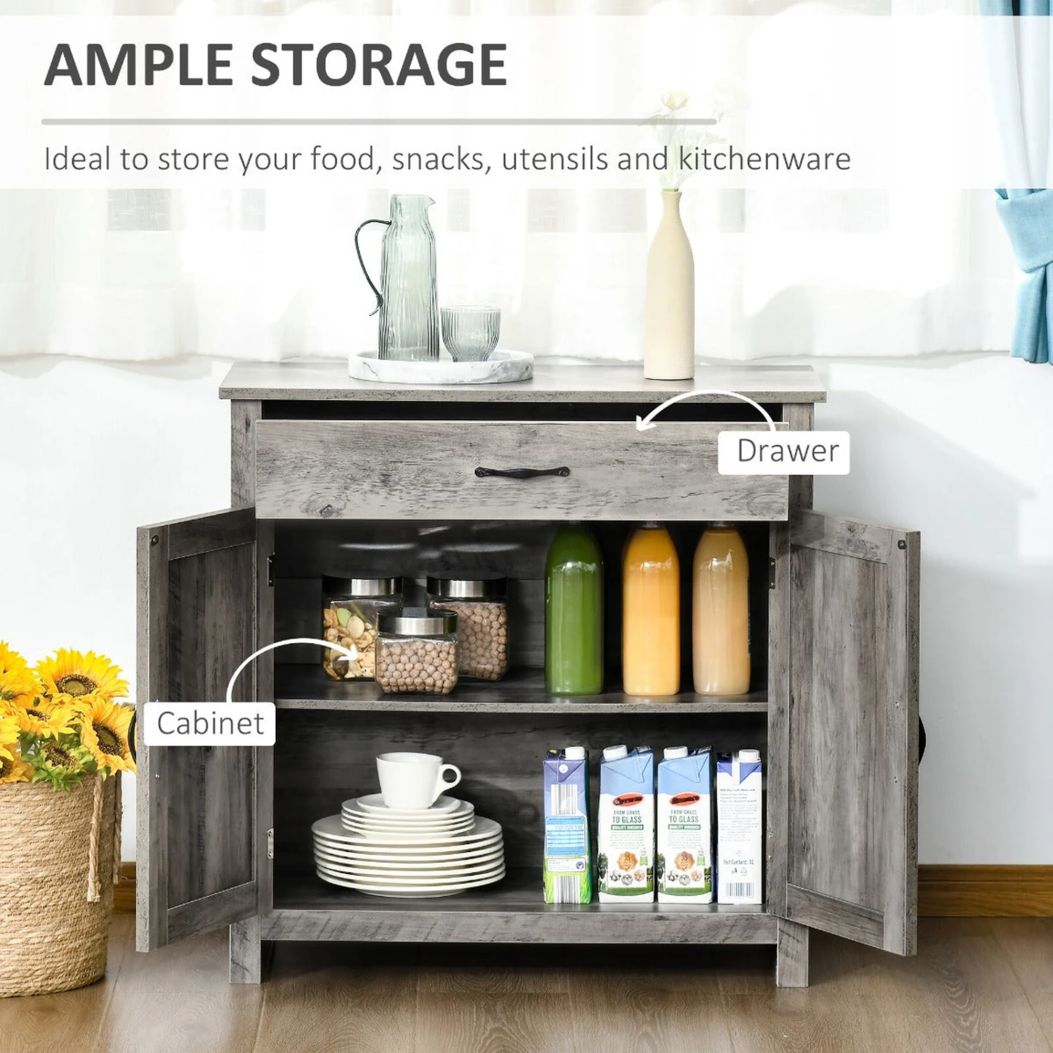 32" Farmhouse Barn Door Style Sideboard, Buffet Cabinet, Coffee Bar For Kitchen, Living Room Or Entryway, Grey Wash 6 32" Farmhouse Barn Door Style Sideboard, Buffet Cabinet, Coffee Bar For Kitchen, Living Room Or Entryway, Grey Wash - Image 4