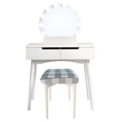 32 Inch 2 Piece Vanity Dressing Table Set With LED Mirror, 2 Drawers, And A Cushioned Stool, White Solid Wood-Benzara -Home Furniture Shop 8e62d0d0918a45aca4eca482a35d8855