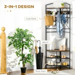 Industrial Corner Hall Tree With Shoe Bench, Entryway Coat Rack, Freestanding Coat Tree With 6 Double Hooks, Rustic Brown -Home Furniture Shop 9181507fde97490aada846723b4b677d