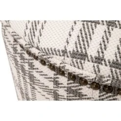 Elly 20 Inch Plaid Fabric Ottoman, Round, Nailhead Accents, Gray, White-Benzara -Home Furniture Shop 9408a334fd134f17b066036fb46f4d0b