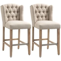 Counter Height Bar Stools Set Of 2, Upholstered 26.75" Seat Height Barstools, Breakfast Chairs With Nailhead-Trim, Tufted Back And Wood Legs