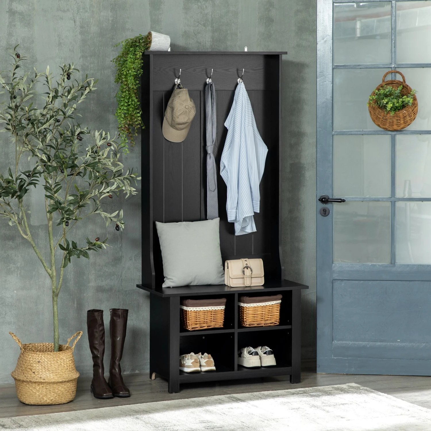 Classic Hall Tree, Accent Coat Tree With Shoe Storage Bench, Adjustable Shelves, 31.5" X 15.5" X 67.5", Black 4 Classic Hall Tree, Accent Coat Tree With Shoe Storage Bench, Adjustable Shelves, 31.5" X 15.5" X 67.5", Black - Image 2