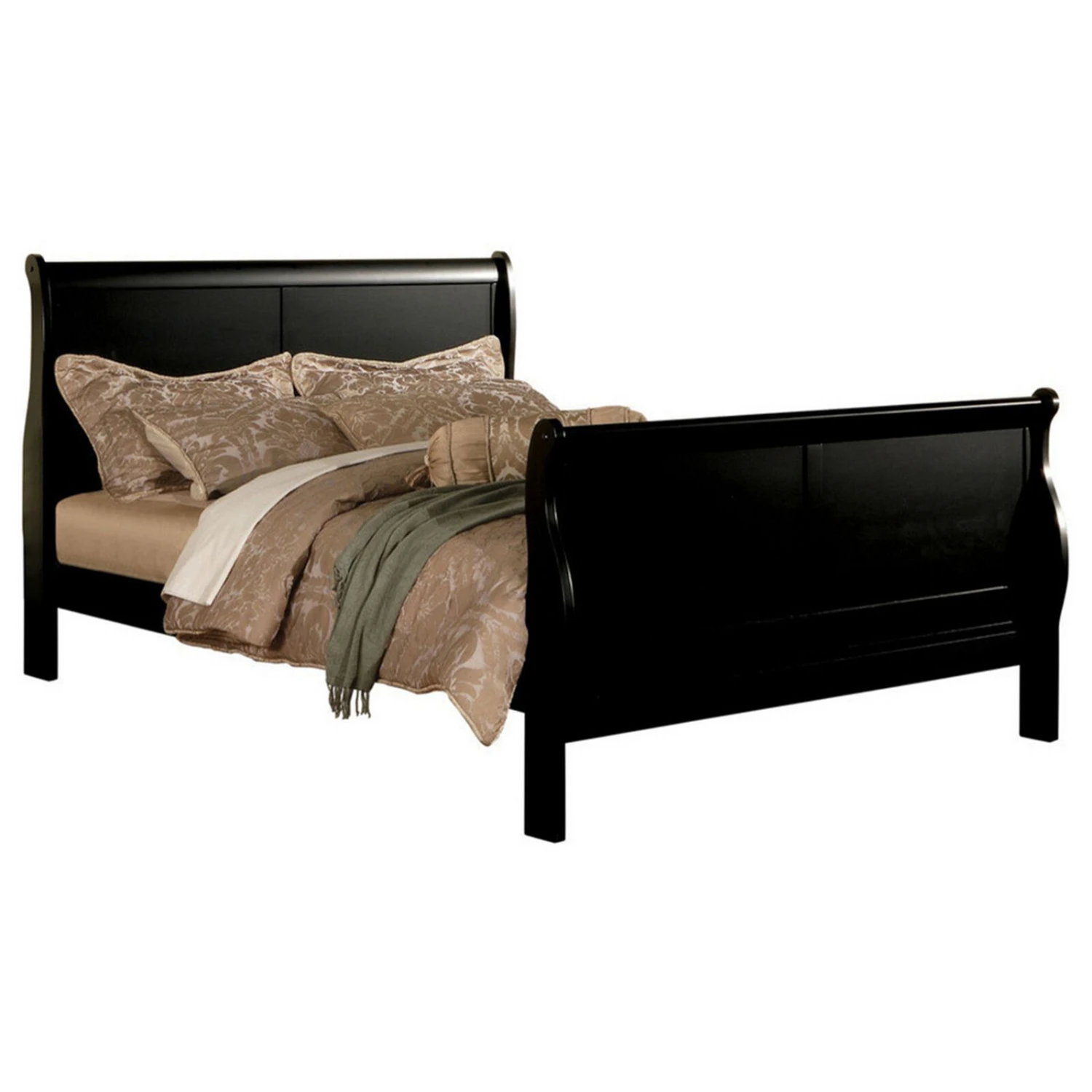 Paneled Eastern King Bed With Sleigh Headboard And Footboard, Black-Benzara 3 Paneled Eastern King Bed With Sleigh Headboard And Footboard, Black-Benzara