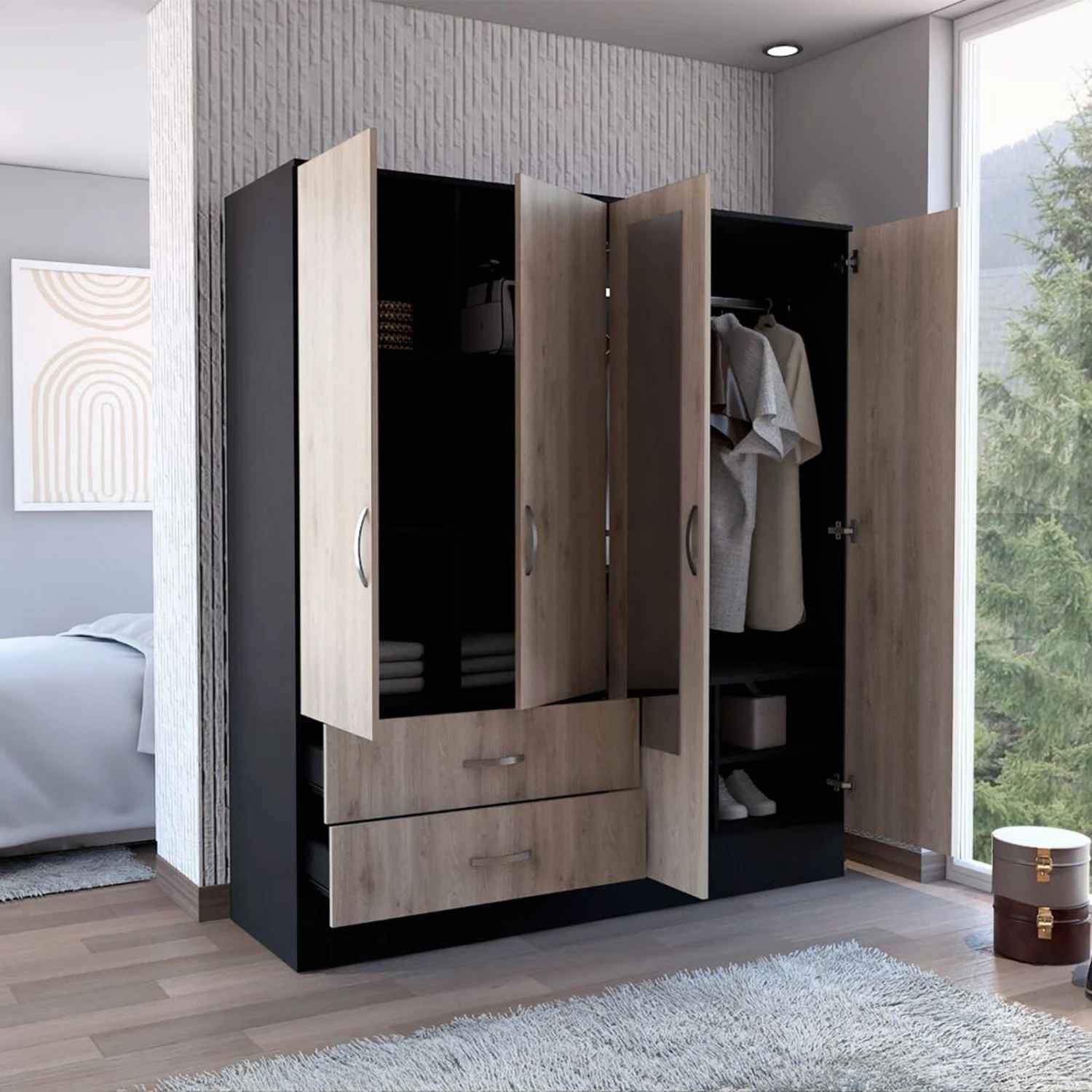 DEPOT E-SHOP Gangi 160 Armoire, Double Door Cabinet , Two Mirrors, Metal Hardware, Two Drawers, Rod, Six Shelves, Black / Light Gray 6 DEPOT E-SHOP Gangi 160 Armoire, Double Door Cabinet , Two Mirrors, Metal Hardware, Two Drawers, Rod, Six Shelves, Black / Light Gray - Image 4