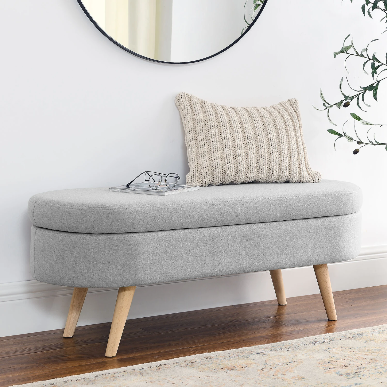 Ottoman Oval Storage Bench, Rubber Wood Legs, Grey(43.5“x16”x16“) 4 Ottoman Oval Storage Bench, Rubber Wood Legs, Grey(43.5“x16”x16“) - Image 2