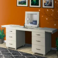 Contemporary 6 Drawer Vanity Desk With Lift Top Mirror, White-Benzara -Home Furniture Shop 9b654c3422e04c1fa02fedd4ba016a94