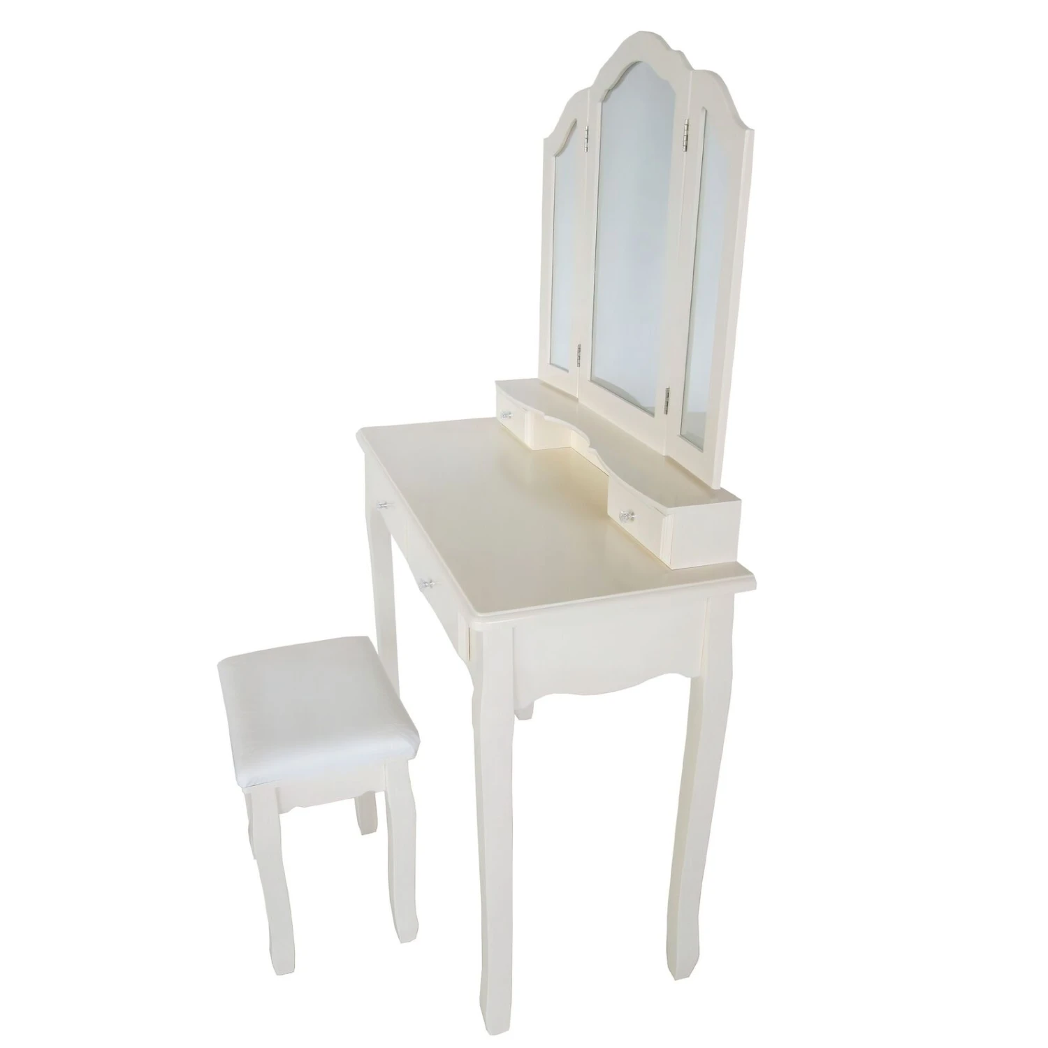 35 Inch 3 Piece Vanity Desk Set With Cushioned Stool And Elegant Trifold Mirror, 4 Drawers, Off White Solid Wood-Benzara 10 35 Inch 3 Piece Vanity Desk Set With Cushioned Stool And Elegant Trifold Mirror, 4 Drawers, Off White Solid Wood-Benzara - Image 8