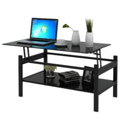 Tempered Glass 2-Layer Lift Top Coffee Table Modern Design Living Room Black