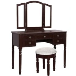 43 Inch 3 Piece Vanity Desk Set With Elegant Trifold Mirror And A Cushioned Stool, Espresso Brown Solid Wood-Benzara -Home Furniture Shop 9c9bab8ec258424aa029213c91503a0a