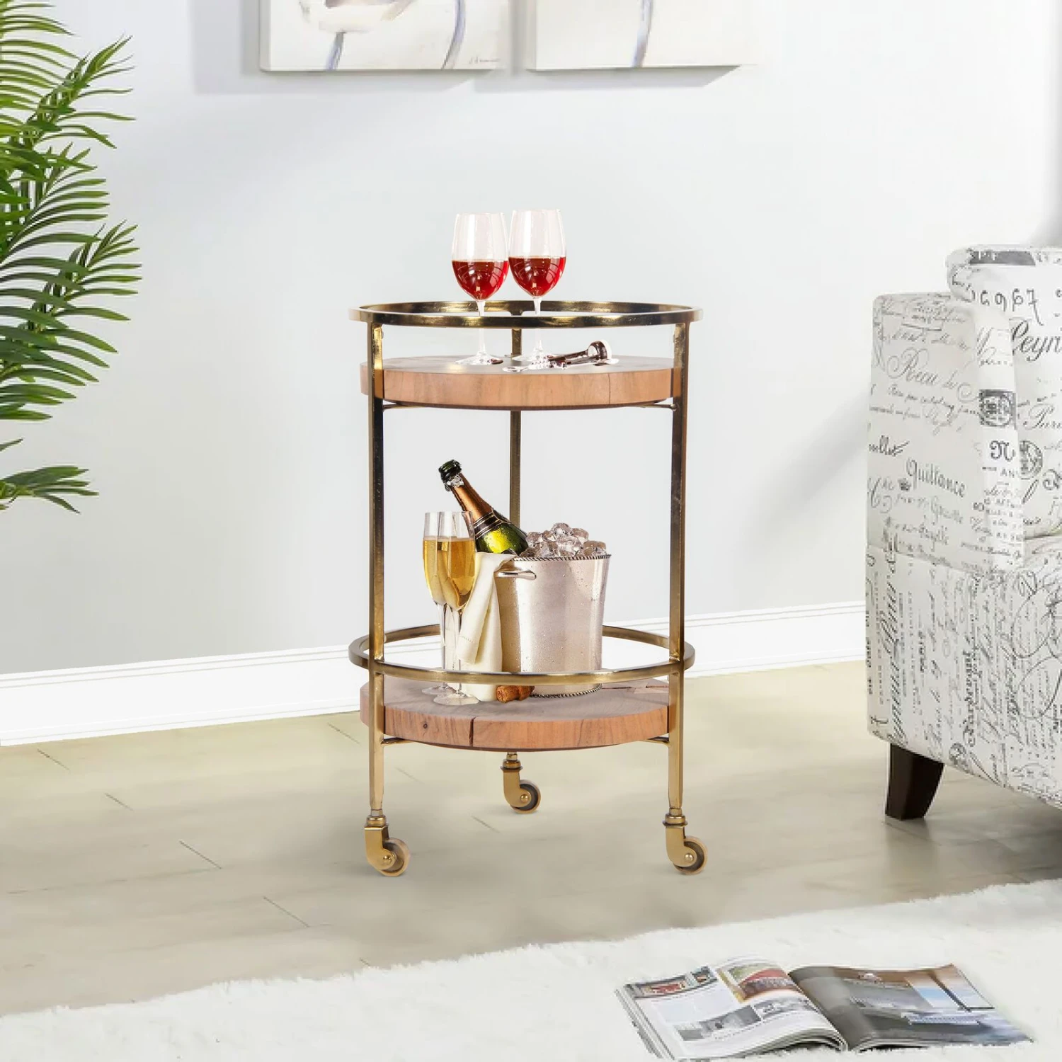 34 Inch 2 Tier Industrial Style Tea And Bar Cart, Live Edge Mango Wood Shelves, Metal Frame, Brown, Brass-Benzara 4 34 Inch 2 Tier Industrial Style Tea And Bar Cart, Live Edge Mango Wood Shelves, Metal Frame, Brown, Brass-Benzara - Image 2