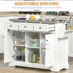 Rolling Kitchen Island On Wheels, Portable Kitchen Island With Stainless Steel Countertop And Spice Rack For Kitchen, Dining Room, White -Home Furniture Shop 9f7f46f15b024544947836f85f9772d9