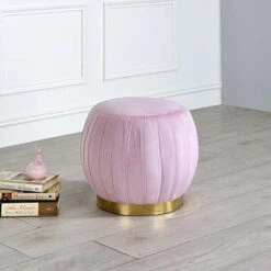 Round Ottoman With Gold Base In Pink -Home Furniture Shop 9f9e5a4088ad4c2caebd9c951a6d66e3