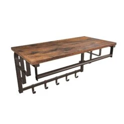 26 Inch Industrial Metal Frame Wall Mount Coat Rack, 5 Hooks, 1 Shelf, Rustic Brown, Black-Benzara